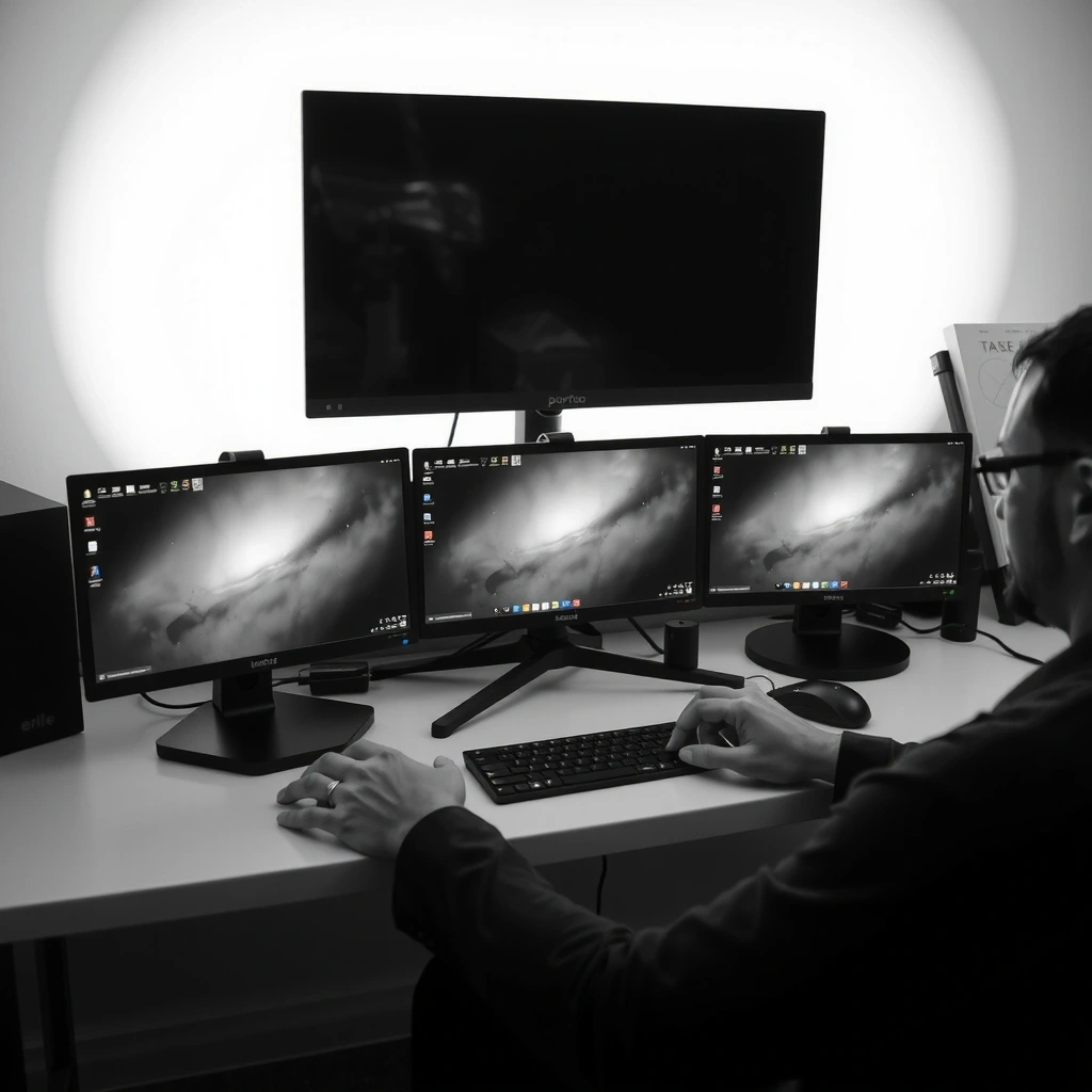 Development workspace with multiple monitors